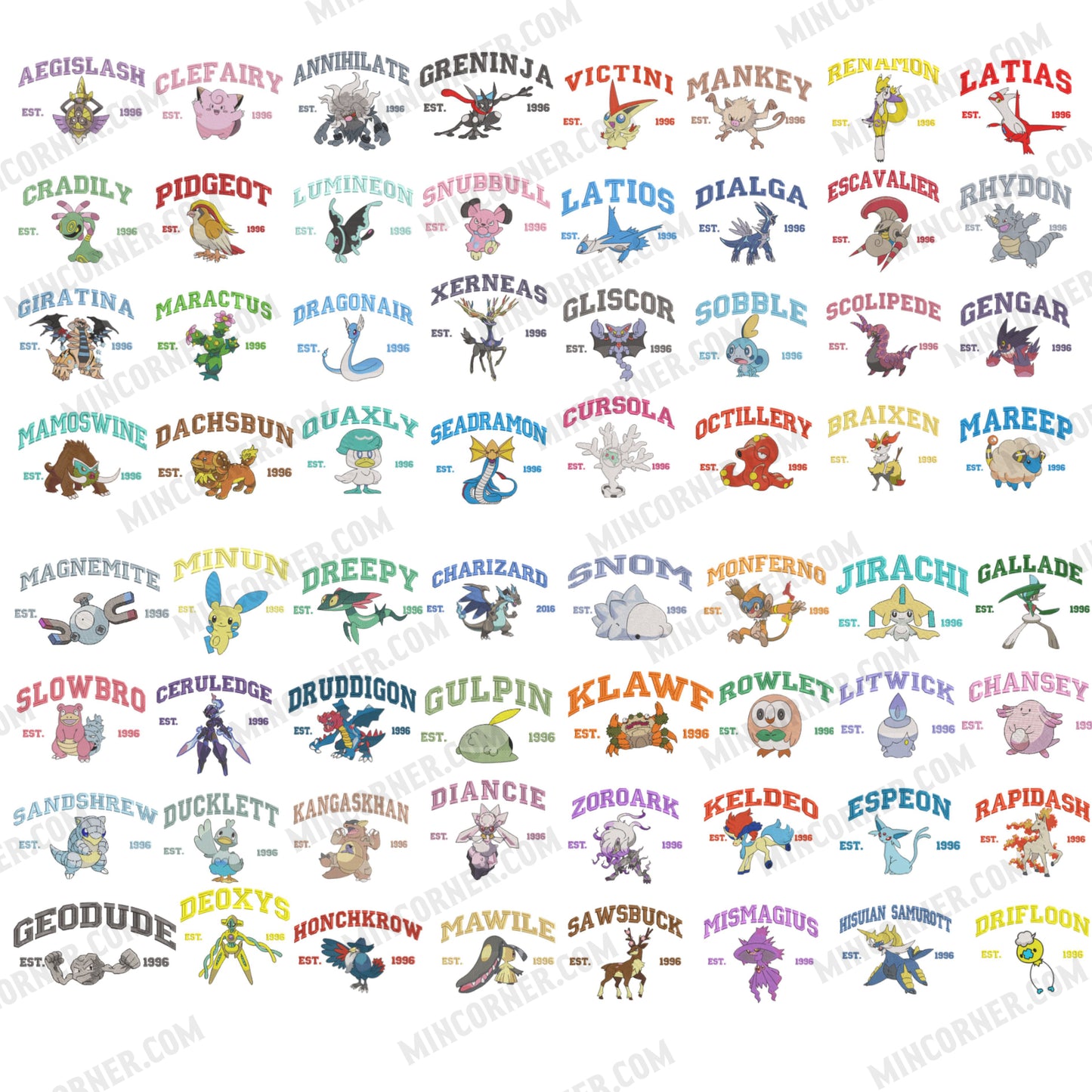 Pokemon embroidered design with multiple characters and names.