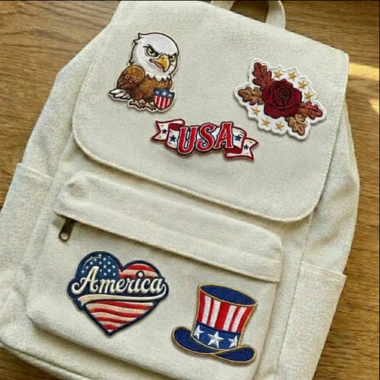 Backpack Featuring Bald Eagle Rose And USA Patriotic Embroidered Patches