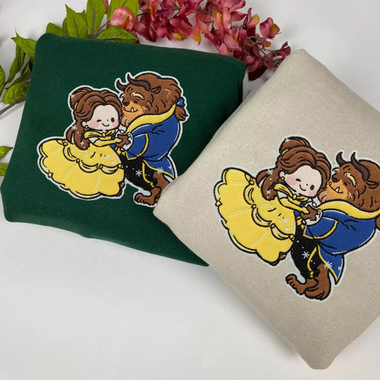 Embroidered Beauty And The Beast: Green And Sand With Chibi
