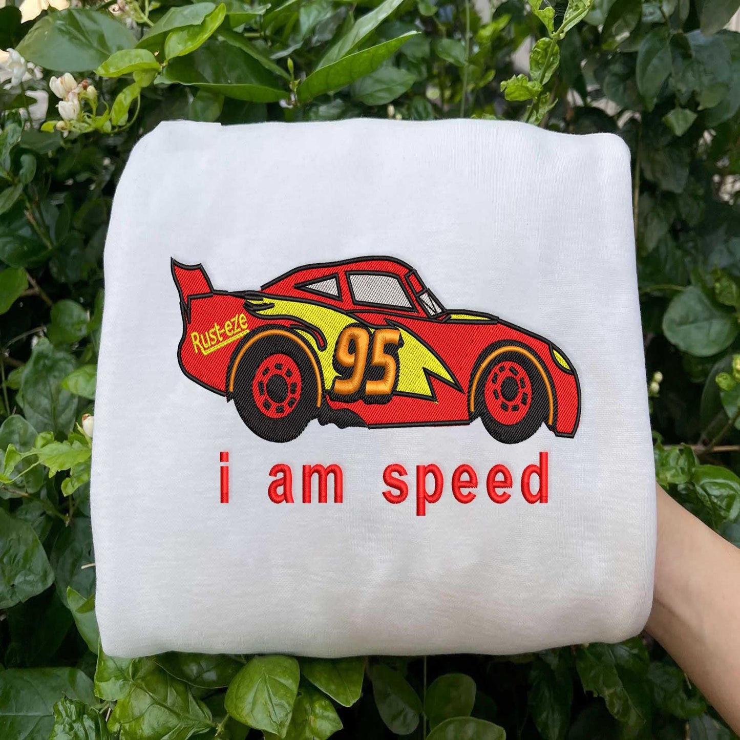 White Embroidered And Lightning McQueen Car.