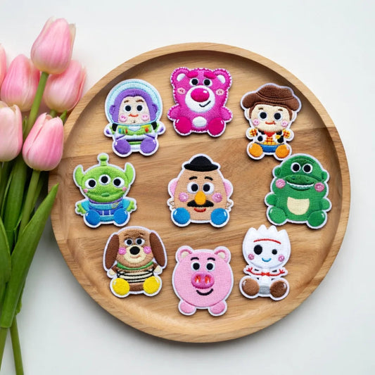Nine Chubby Toy Story Characters Embroidered Patches On Wooden Tray