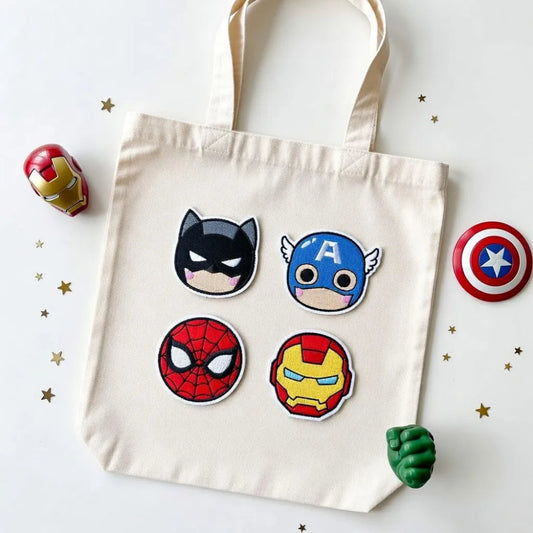 Tote Bag With Four Cute Superhero Chibi Embroidered Patches