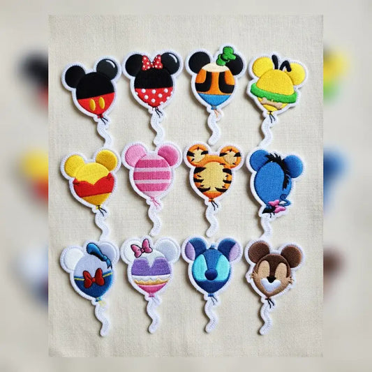 Full Set Of Twelve Disney Character Balloon Embroidered Iron-On Patches.