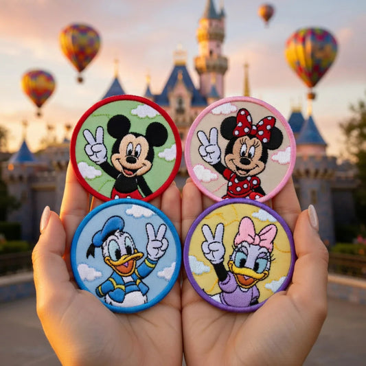 Pair Of Hands Holding Four Disney Peace Sign Embroidered Patches