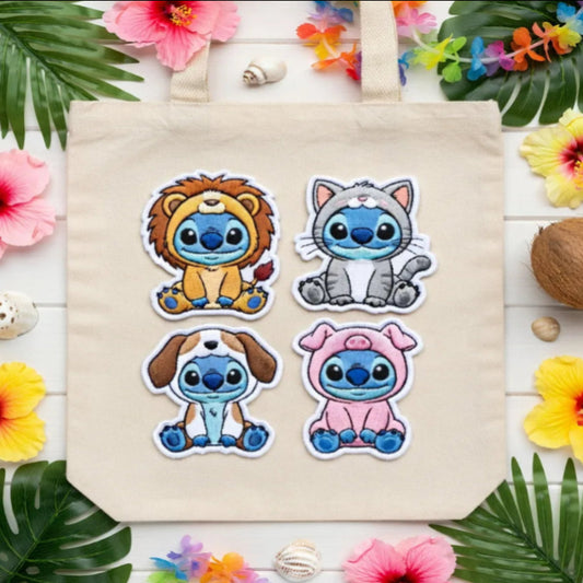 Beige Canvas Tote Bag With Four Stitch Animal Cosplay Patches
