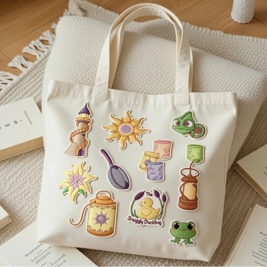 Tote Bag Adorned With Ten Cute Rapunzel Tangled Theme Patches