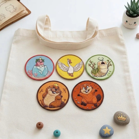 ToteBag With Five Whimsical Animal Embroidered Patches
