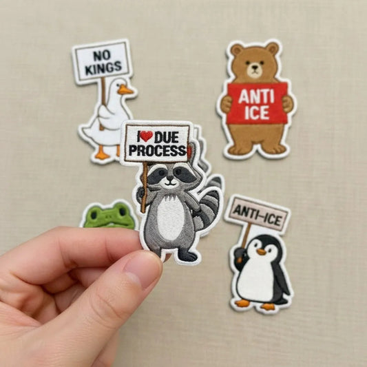 Hand Holding Raccoon Protest Patch With I Love Due Process Sign
