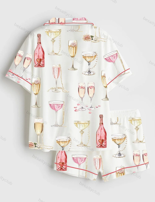 Bridal Shower Satin Pajama Set – Pearls & Prosecco Print