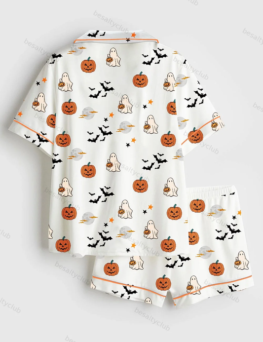 Spirit Halloween Pumpkin Boo Pajama Set, Long Sleeve Spooky Cute Ghost & Jack-O'-Lantern Print PJs, Soft Silky Sleepwear for Women Men, Fall Cozy Lounge Gift