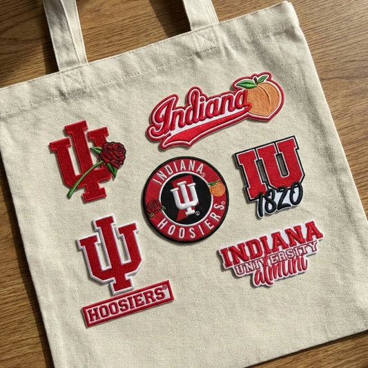 Tote Bag Decorated With Assorted IU Hoosiers Patches And Rose