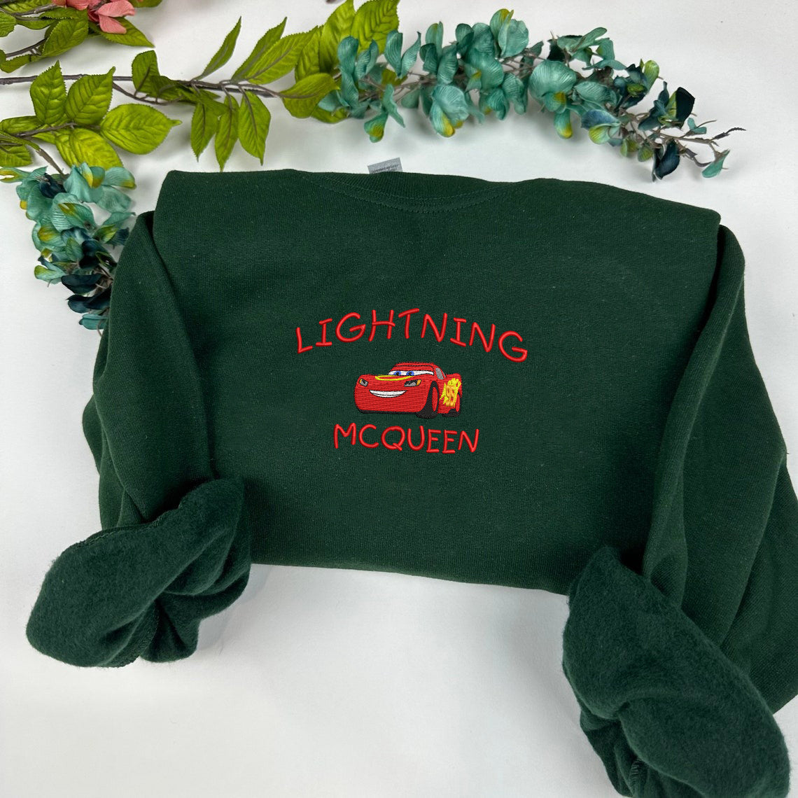 Forest Green Sweatshirt with Cars Character Embroidery