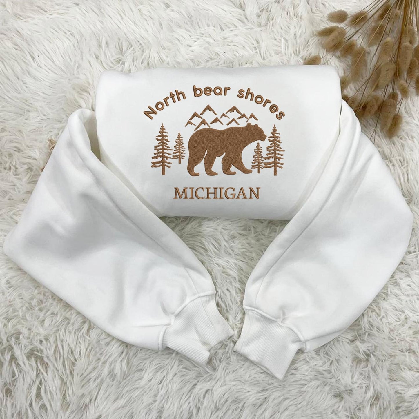 White Folded Sweatshirt North Bear Shores Michigan Embroidery