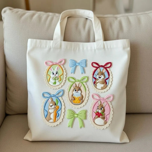 Tote Bag Adorned With Eight Cute Bunny Patches, Colorful Bows