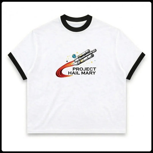 Boxy T-Shirt With Ringer Neck, Project Hail Mary Rocket Embroidery