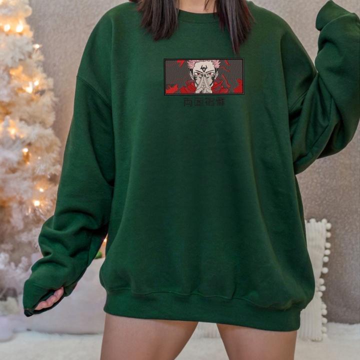 Green Sweatshirt With Sukuna Shrine Embroidery
