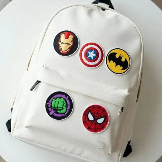 Backpack Adorned With Five Superhero Symbol Embroidered Patches