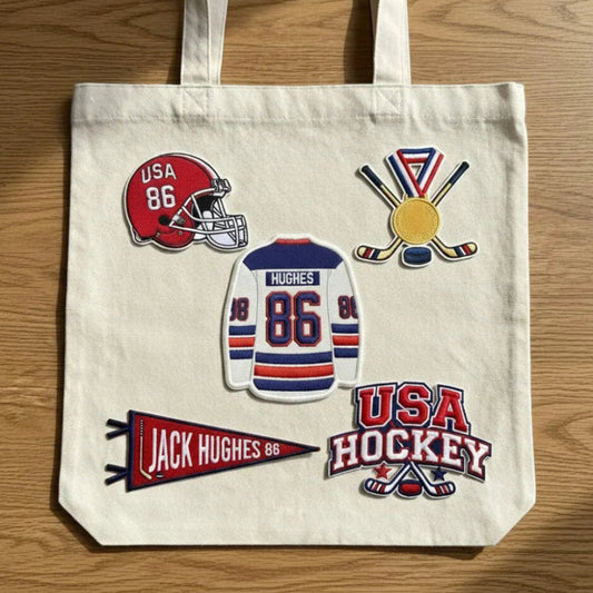 Canvas Backpack Adorned With Five Usa Hockey Jack Hughes Patches