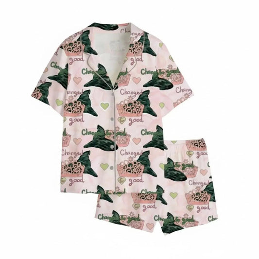 Short-Sleeve Pink Witch Pattern Pajama Set With Shorts
