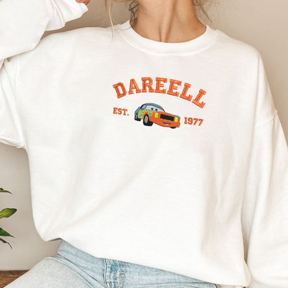 White Darell Cars crewneck, cozy oversized model indoor pose