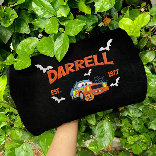 Black Darrell Cartrip Halloween pumpkin bats embroidered sweatshirt, green leaves