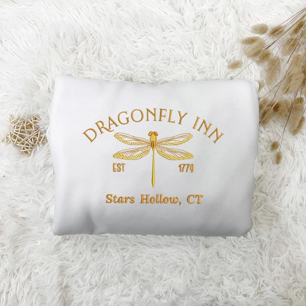 White Dragonfly Inn Stars Hollow CT embroidery with pampas decor