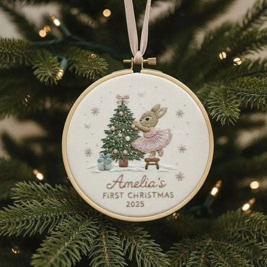 ♡ Baby’s First Christmas Embroidered Hoop Ornaments ♡
Hand-embroidered treasures personalized with your little one’s name & 2025. Choose from the sweetest designs: woodland animals under snowy trees, classic Winnie the Pooh hugging his tree, delicate ballet bunny, and more magical motifs.
Each piece is delicately stitched on premium linen, framed in natural bamboo, and finished with a soft satin bow — ready to become your family’s most cherished holiday keepsake.
Perfect for baby’s first Christmas, new pare
