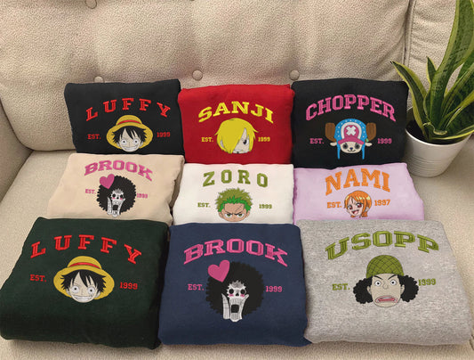 Embroidered One Piece Character Sweatshirt, Gift For Fans One Piece