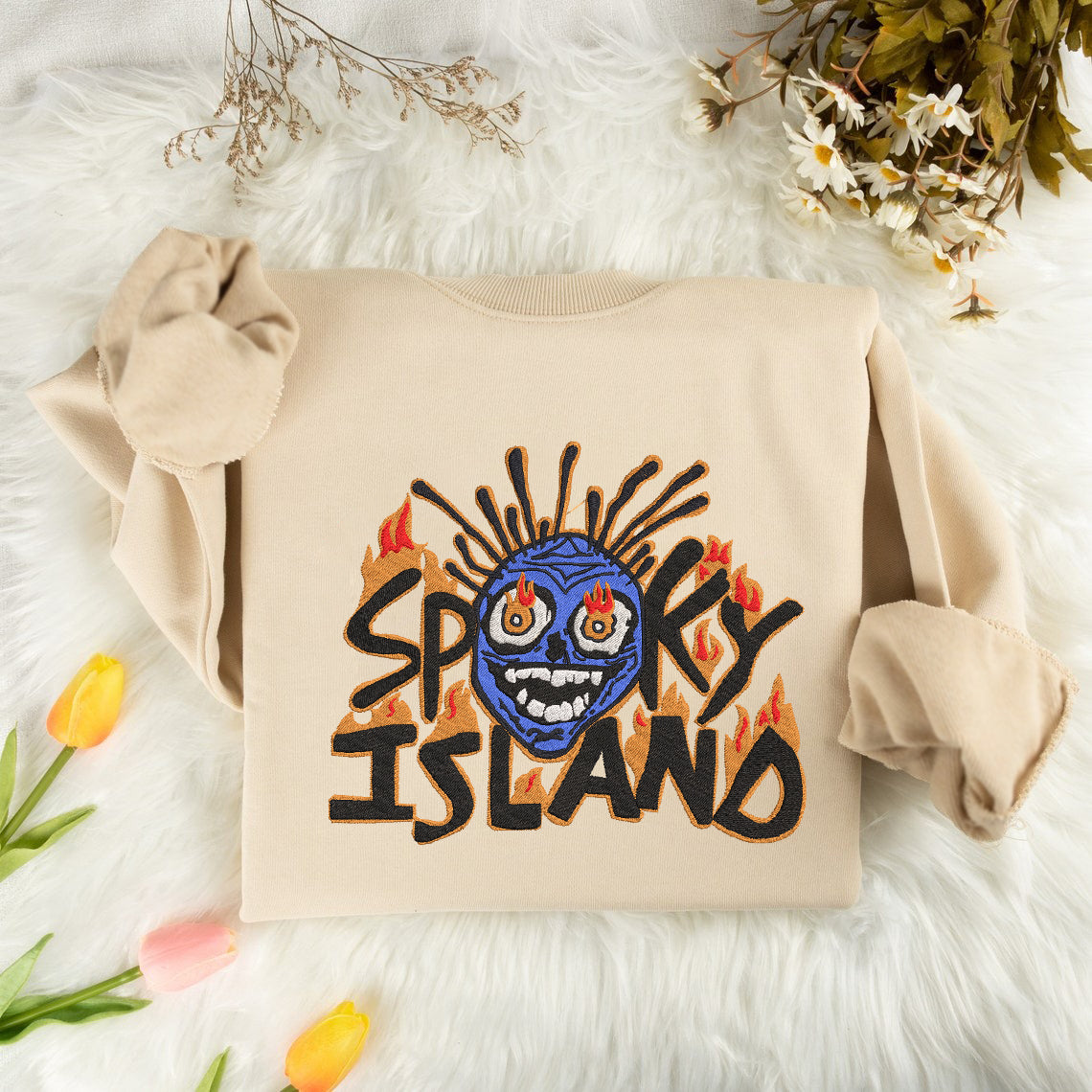 Embroidered Spooky Island Sweatshirt, Retro Halloween Horror Vibes Shirt