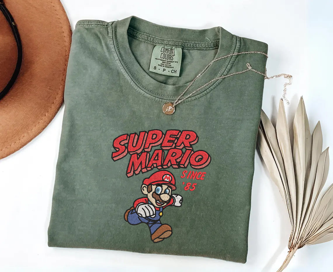 Embroidered Super Mario Comfort Color T-Shirt, Mario Since' 85 Shirt