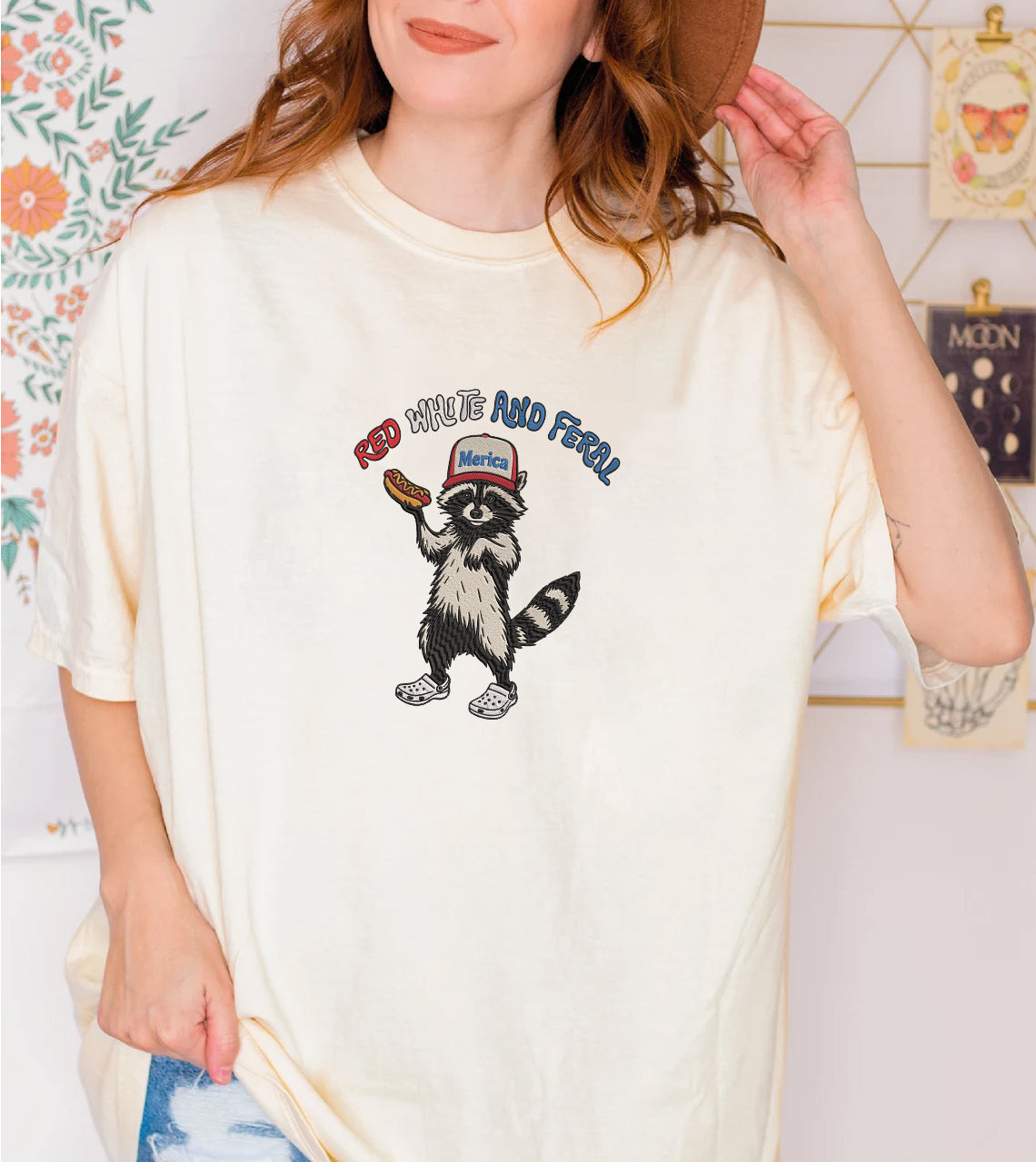 Embroidered Red, White & Feral Raccoon Comfort Color T-Shirt, Funny 4th of July Shirt