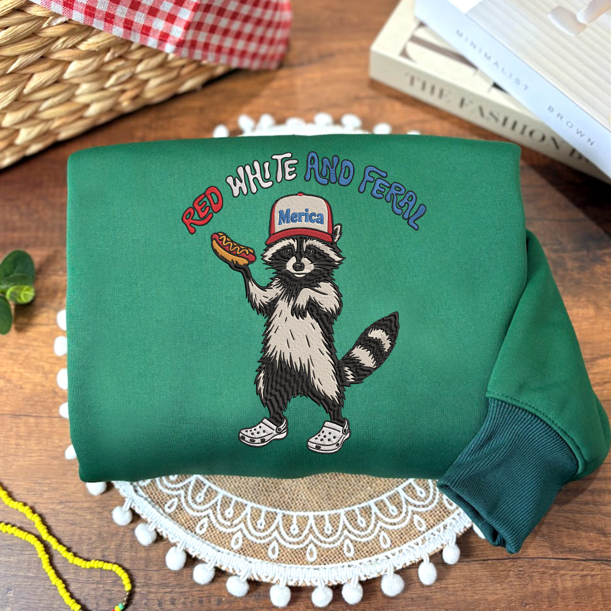 Embroidered Red, White & Feral Raccoon Sweatshirt, Funny 4th of July Shirt