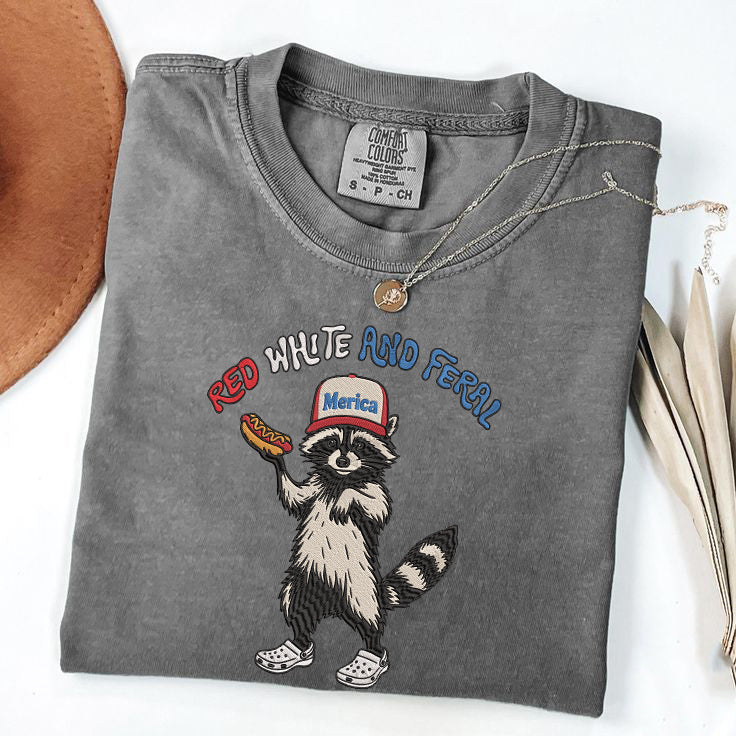 Embroidered Red, White & Feral Raccoon Comfort Color T-Shirt, Funny 4th of July Shirt