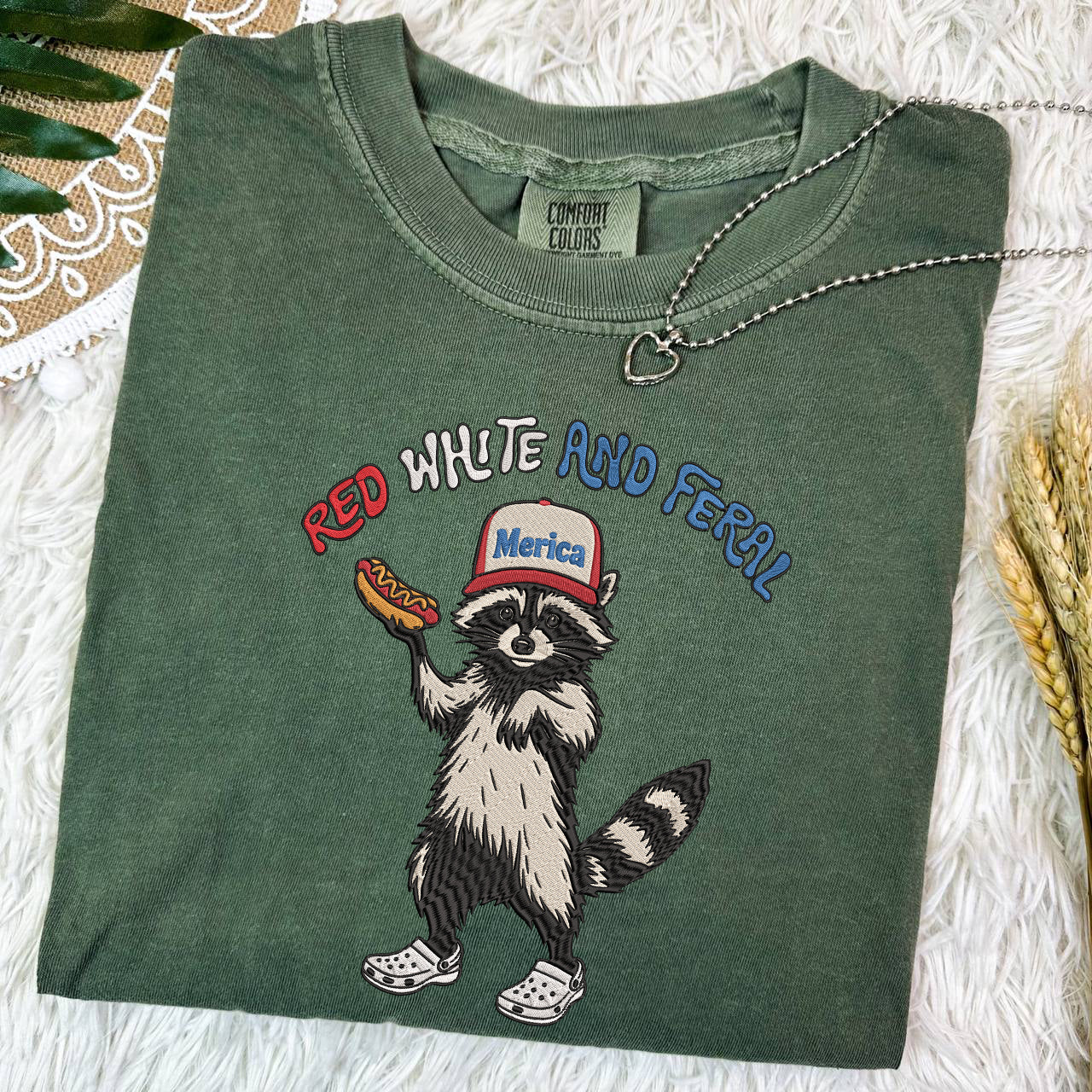 Embroidered Red, White & Feral Raccoon Comfort Color T-Shirt, Funny 4th of July Shirt