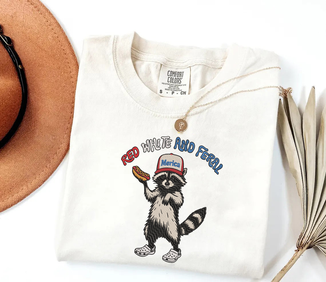 Embroidered Red, White & Feral Raccoon Comfort Color T-Shirt, Funny 4th of July Shirt