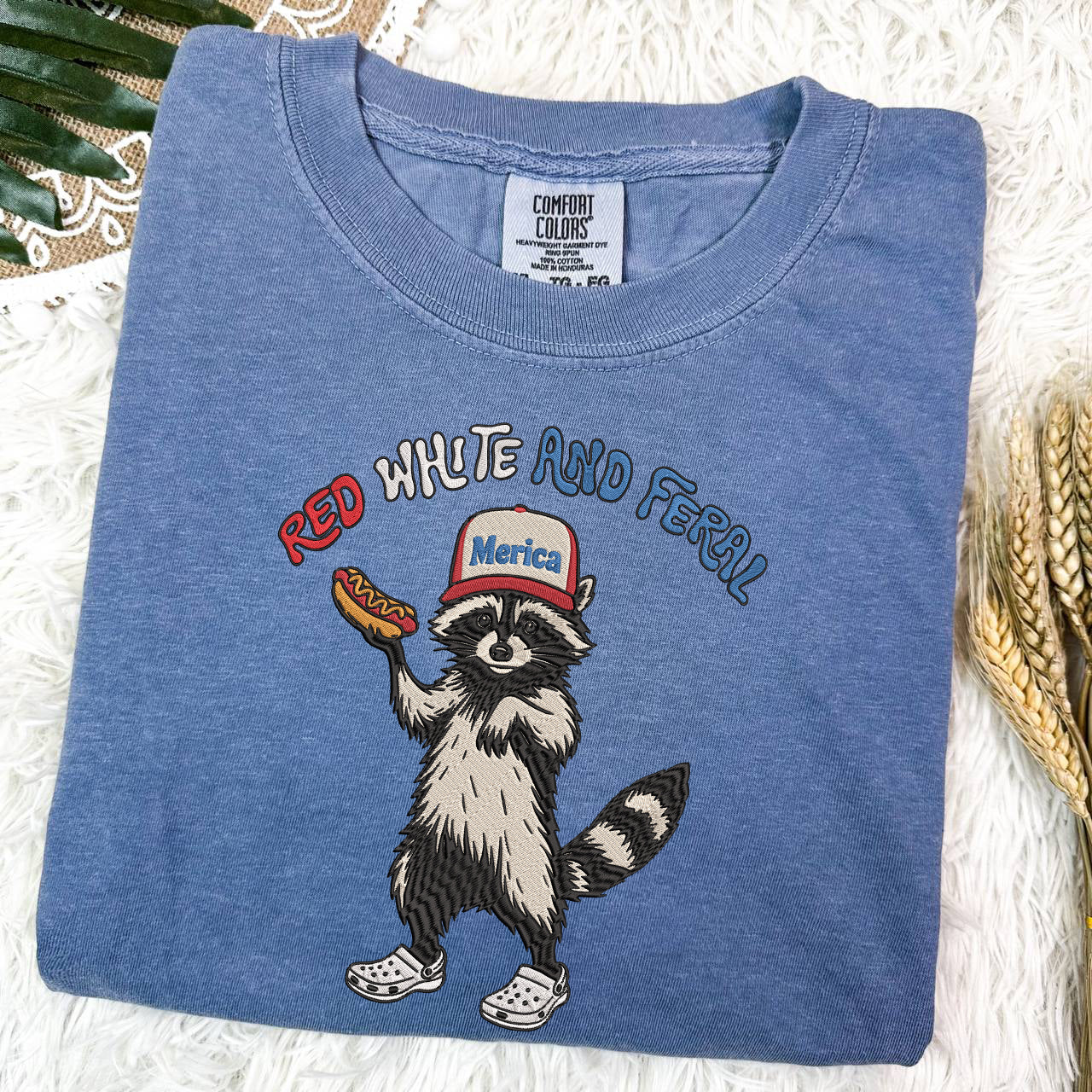 Embroidered Red, White & Feral Raccoon Comfort Color T-Shirt, Funny 4th of July Shirt