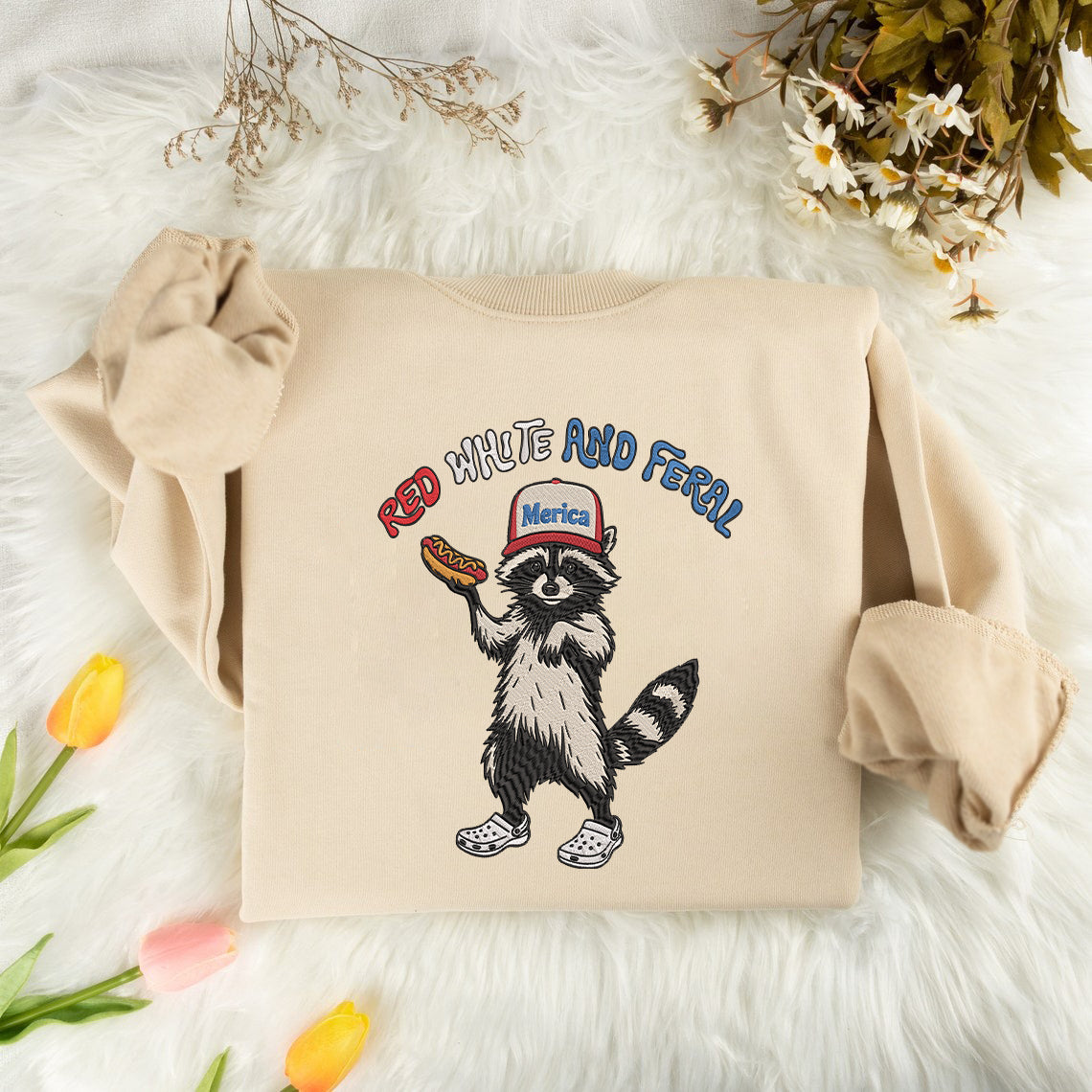 Embroidered Red, White & Feral Raccoon Sweatshirt, Funny 4th of July Shirt