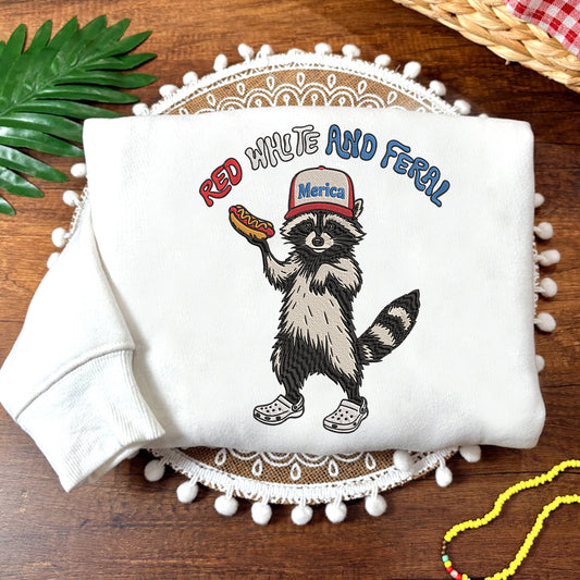 Embroidered Red, White & Feral Raccoon Sweatshirt, Funny 4th of July Shirt