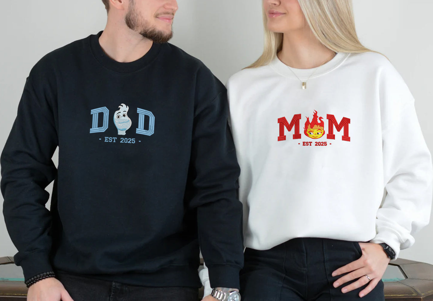 Embroidered Dad & Mom Elemental Sweatshirt, Matching Wade & Ember Shirt