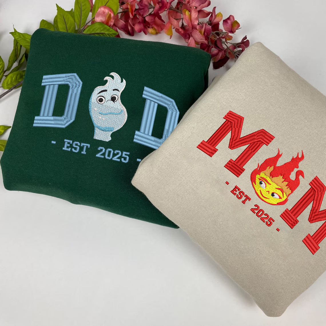 Embroidered Dad & Mom Elemental Sweatshirt, Matching Wade & Ember Shirt
