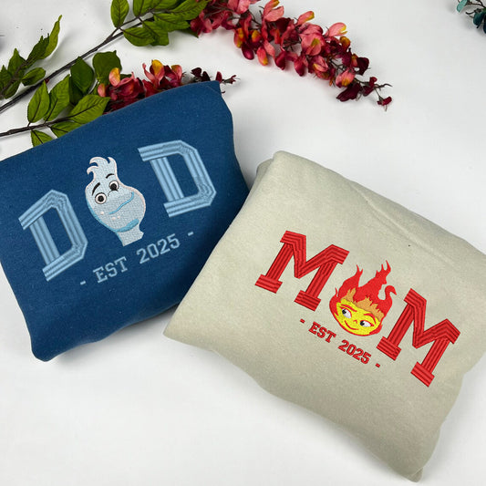 Embroidered Dad & Mom Elemental Sweatshirt, Matching Wade & Ember Shirt