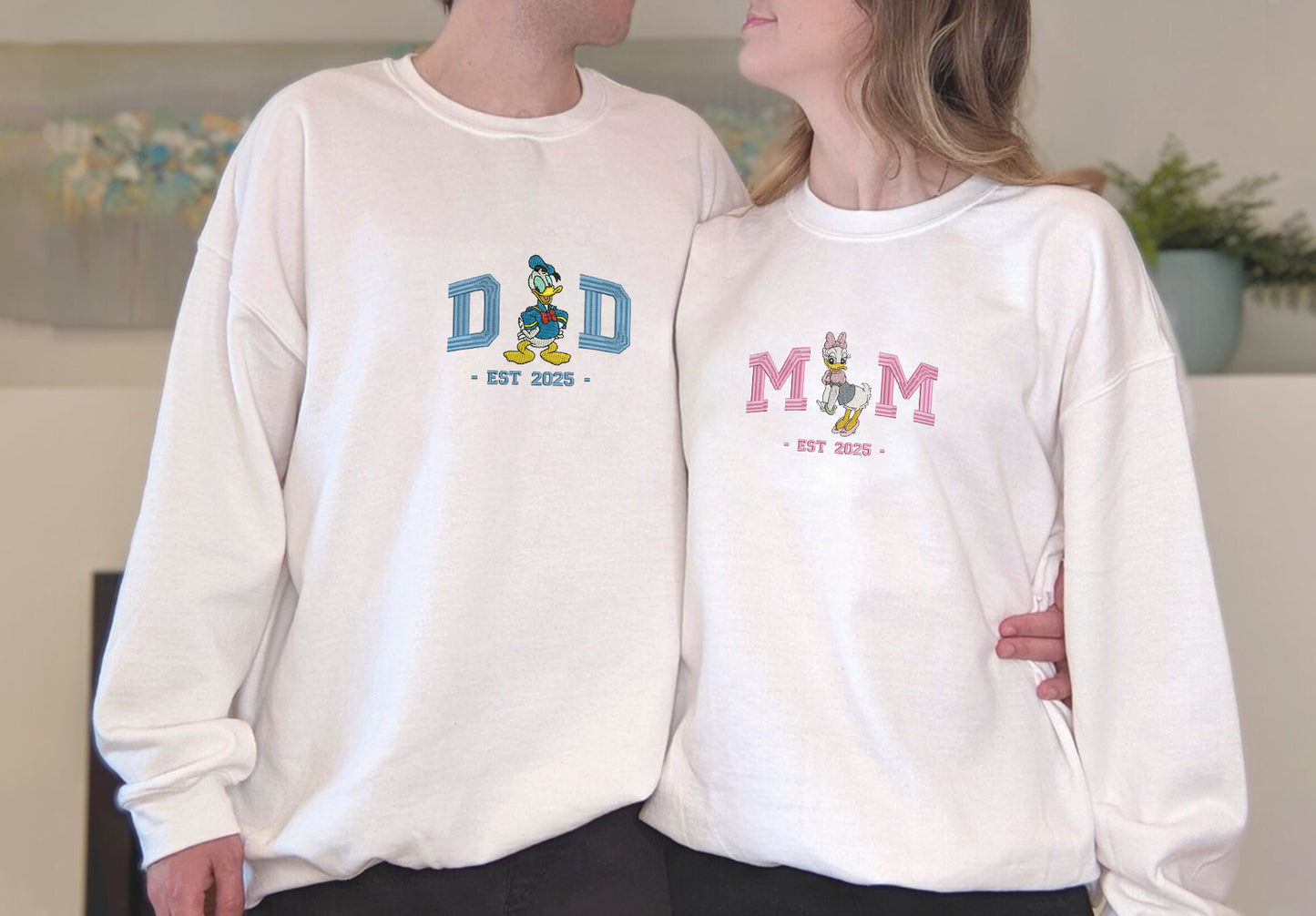 Embroidered Dad & Mom Disney Cartoon Sweatshirt, Matching Donald Duck Shirt