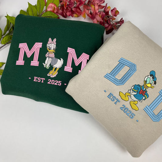 Embroidered Dad & Mom Disney Cartoon Sweatshirt, Matching Donald Duck Shirt