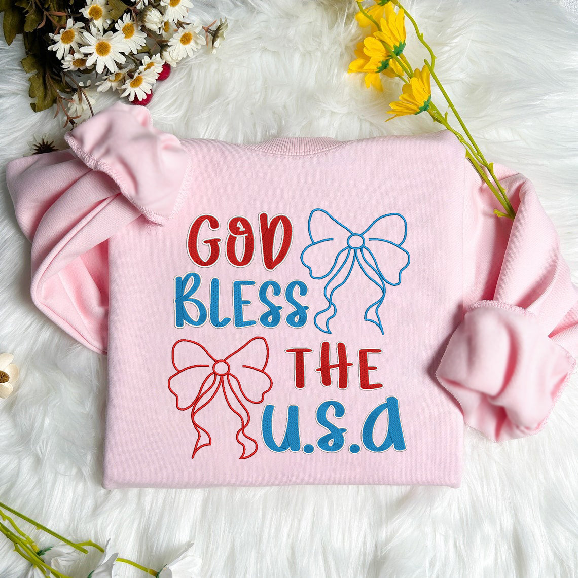 Embroidered God Bless the U.S.A. Sweatshirt, Patriotic Shirt for Independence Day