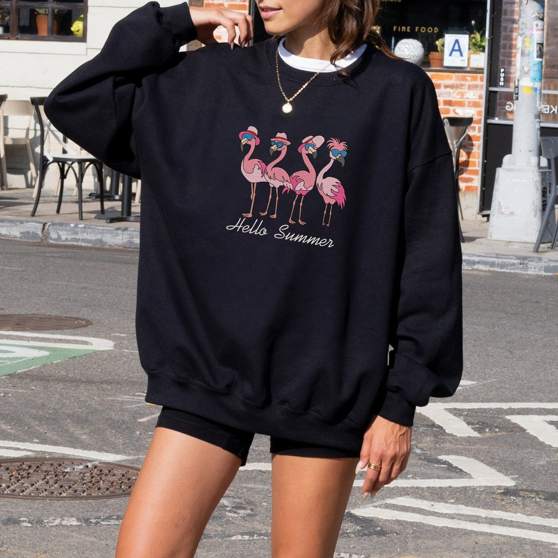 Embroidered Hello Summer Sweatshirt, Flamingo Sweatshirt