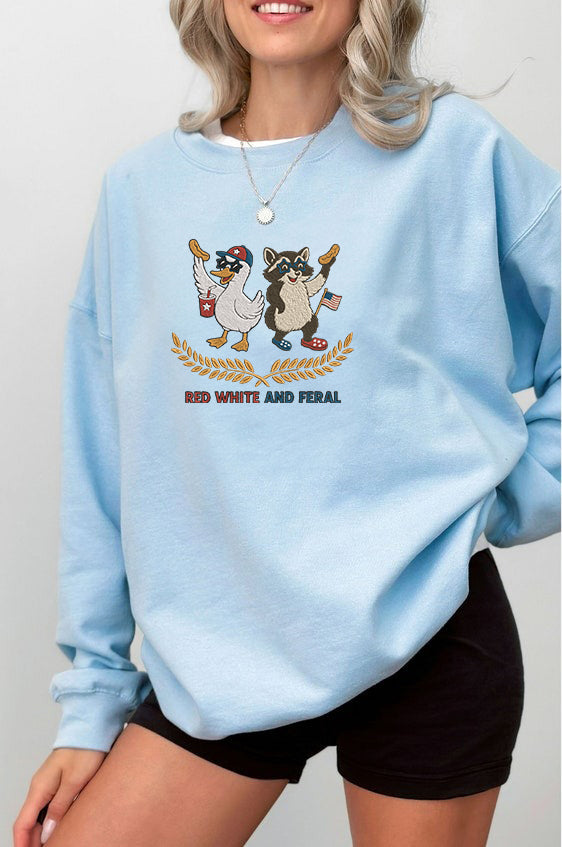 Embroidered Red, White, and Feral Sweatshirt, Duck and Raccoon Sweatshirt