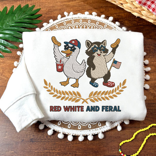 Embroidered Red, White, and Feral Sweatshirt, Duck and Raccoon Sweatshirt