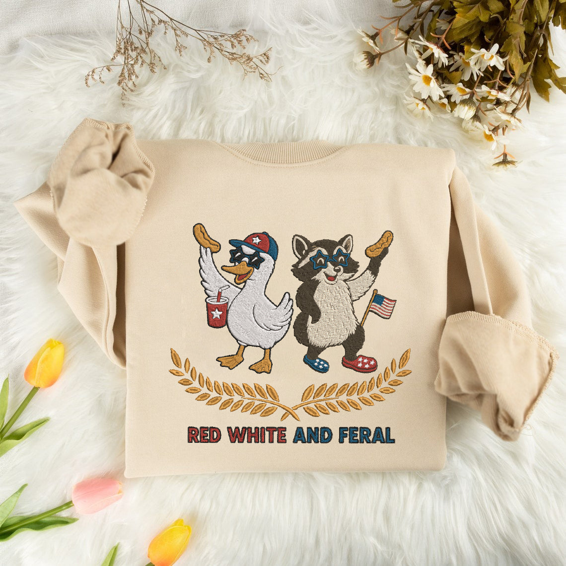 Embroidered Red, White, and Feral Sweatshirt, Duck and Raccoon Sweatshirt