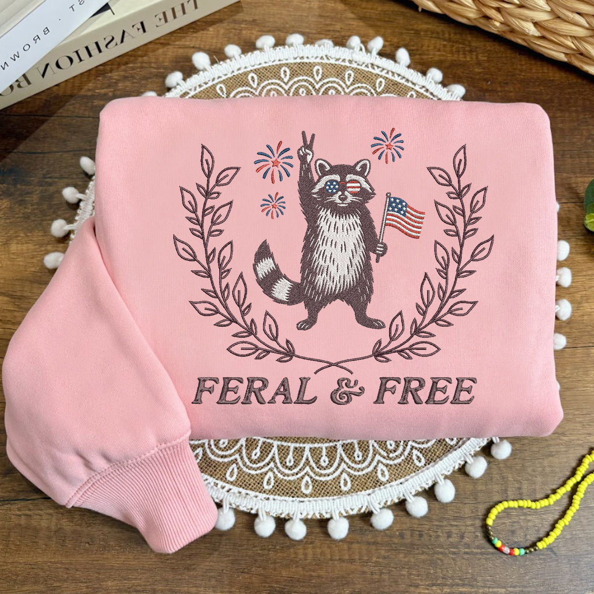 Embroidered Feral & Free Sweatshirt, Raccoon Sweatshirt For Independence Day
