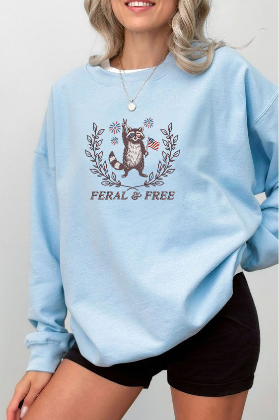 Embroidered Feral & Free Sweatshirt, Raccoon Sweatshirt For Independence Day